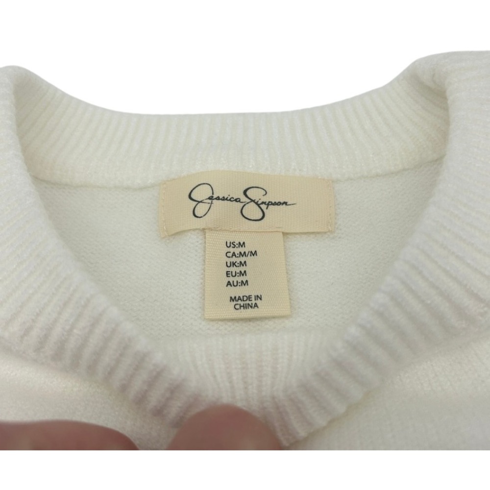 NWT Jessica Simpson Ivory Cropped Knit Sweater Pink Heart Patch Womens Size M - Picture 4 of 9